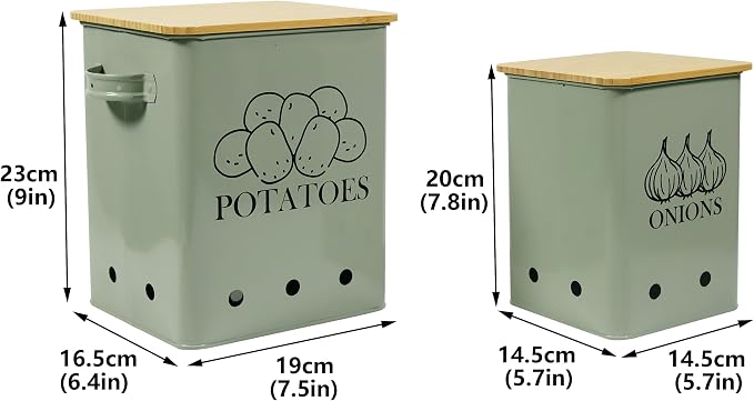 Kitchen Vegetable Storage Tins Set of 2, Onion and Potato Storage Bins with Wooden Lid and Aerating Holes, Garlic Bin Caddy, Vintage Kitchen Decor, Green