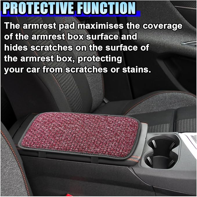 Car Center Console Armrest Pad, Linen Fabric Auto Armrest Box Protector Cover, 11.6 × 7.7 Inch Vehicle Middle Console Mat, Universal Interior Decoration Accessory for Car, SUV, Truck (Red)