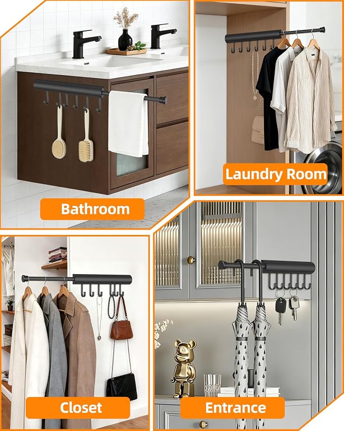 12 inch Valet Rod for Closets Pull Out, Closet Rods Extenders for Hanging Clothes Telescoping Adjustable With 6 Hooks (Black, 12 Inch-1 Pack)