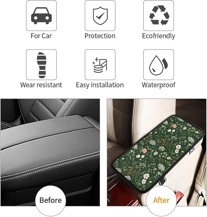 Green Floral Print Car Armrest Cushion Cute Flower Leaf Middle Console Lid Cover Pad Protector Scratch Resistant Arm Rest Seat Box Covers