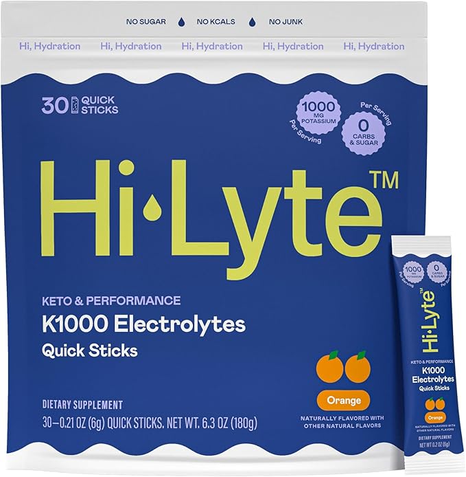 Hi-Lyte K1000 Electrolytes Powder Packets Orange, 30 Servings - 1000mg Potassium + Magnesium, Sodium, Trace Minerals - 0 Carbs, 0 Sugar