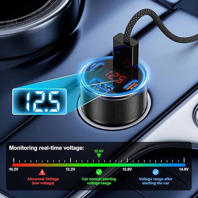 Car Charger for iPhone 17 16 15 Pro Max, Besgoods 4-Port Cigarette Lighter Adapter USB C & USB A Car Phone Charger Fast Charging Voltmeter for Galaxy S25 S24 S23 A15 A54 Android, 6ft USB C to C Cable