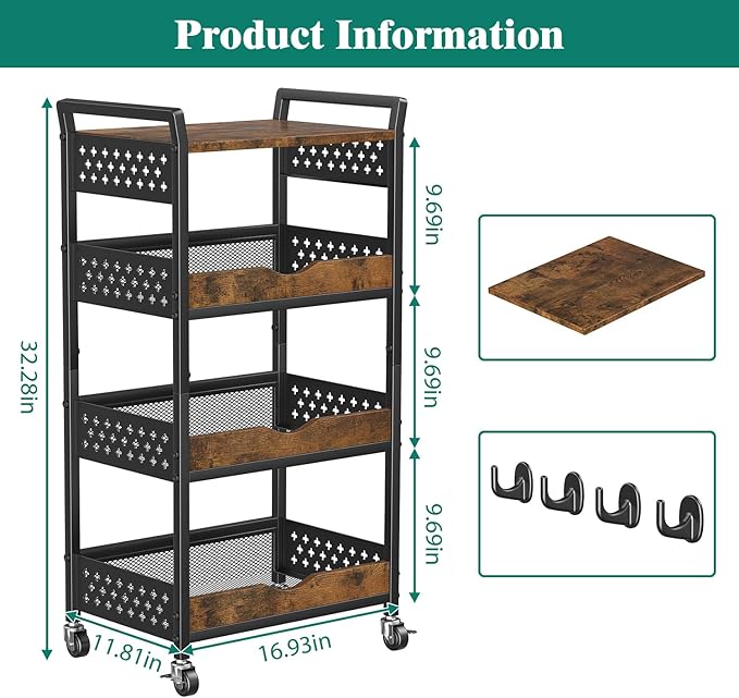Giwil 4-Tier Rolling Storage Cart, Small Coffee Bar Crafts Makeup Cart with Wooden Top Snack Organizer for Pantry, Utility Kitchen Cart On Wheels for Onions Potatoes, Black