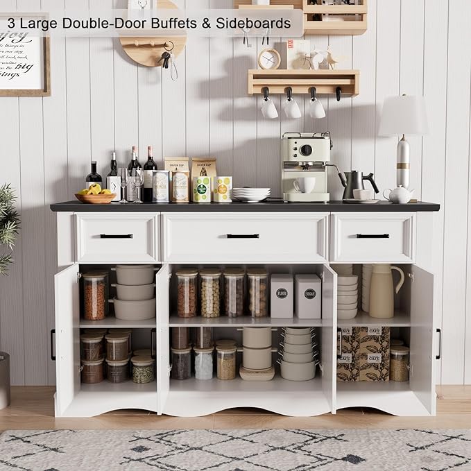 56" Modern Farmhouse Sideboard Buffet Cabinet with 4 Doors and 3 Drawers, Coffee Bar with Charging Station & Adjustable Shelves, Large Kitchen Storage for Hallway, Entryway, Living Room, White