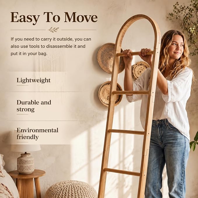 Sintuff Arched Blanket Ladder for Living Room, 5.5ft Wooden Blanket Rack, 5-Tier Natural Leaning Ladder Shelf for Farmhouse Bedroom Living Room Bathroom Decor(Arch,Oak)