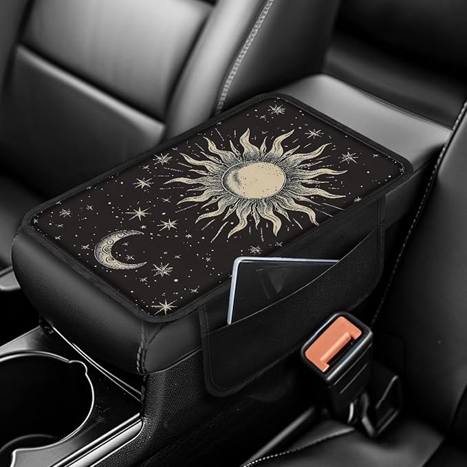 Boatee Sun and Moon Car Center Console Cover Car Console Organizer Universal Console Cushion with 2 Pockets Arm Rest Cover for Car Armrest Seat Box Cover Protector Interior Protector Black