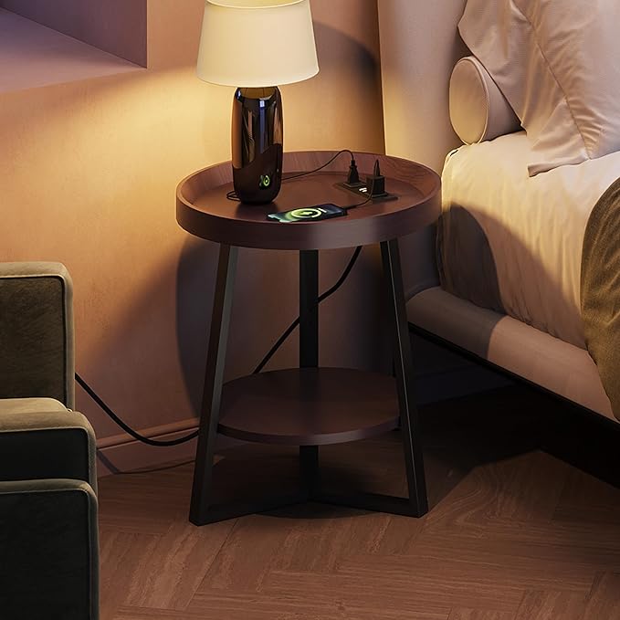 WLIVE Round End Table with Charging Station, Small Round Coffee Table, 2 Tier Side Table for Living Room/Bedroom, Sofa Couch, Wood Tabletop & Metal Frame, Brown