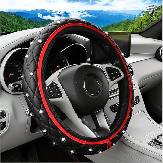 Bling Car Steering Wheel Cover, Rhinestones Elastic Leather Automotive Steering Wheel Protector, 15 Inch Sparkly Crystal Vehicle Interior Decor Accessories, Universal Fit (Red)