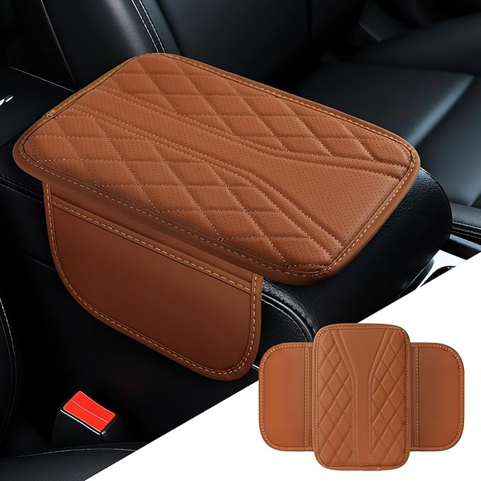 Car Center Console Cover, 11.8"×6.7" Leather Armrest Cover for Cars, Multifunctional Auto Armrest Cushion Pad with Storage Pocket, Universal Arm Rest Protector Car Accessories (Brown)
