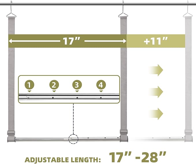 Hanging Closet Rod, 17-28In Width and Up to 32In Height Closet Extender, Double Hanging Bar with Powder-Coated Metal Pole and Adjustable Webbing, Space-Saving Tension Organizer, 1 Pack