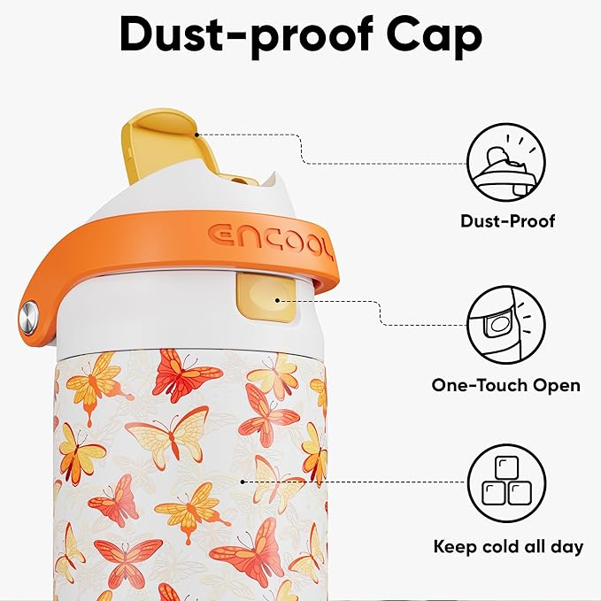 ENCOOL Leakproof Insulated Water Bottle with Straw Dual-Sip Water Bottle Bag-Safe Design for Work, Commute & Gym – Keeps Drinks Cold All Day, 24 oz, Sunset Butterflies