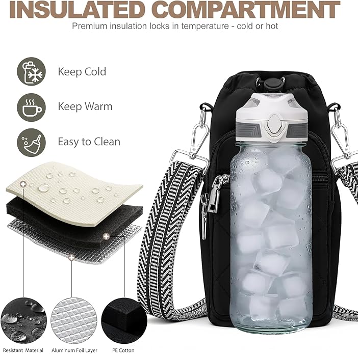 Water Bottle Carrier Bag with Strap, Water Bottle Purse with Phone Pocket 40oz for Walking Hiking
