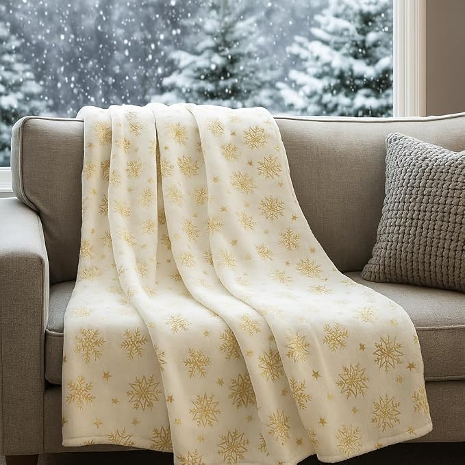 Winter Holiday Christmas Fleece Throw Blanket: Velvety Soft, Gold Snowflakes Stars Design, Durable Accent for Bed or Couch, Oversized 50 x 70 inches