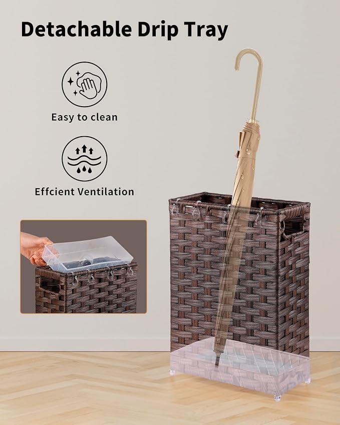 Rattan Umbrella Stand, Umbrella Holder for Entryway, Hand Woven Umbrella Rack Organizer Freestanding, with a Detachable Drip Tray, 4 Hooks, 11.8" L x 5.5" W x 16.5" H
