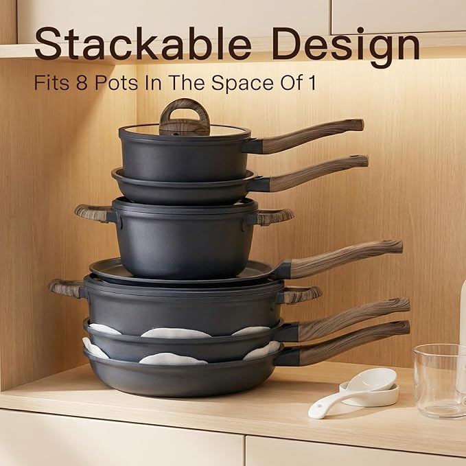 USELUCK Pots and Pans Set Nonstick 22 Pcs, Ceramic cookware set Non-Toxic CoatingGray Granite Kitchen Cookware Set, Induction Kitchen Cooking Set w/Frying Pans & Glass Lids, PFOS & PFOA Free