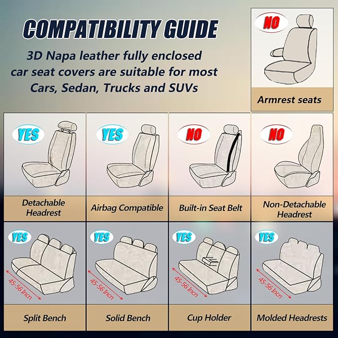 Car Seat Covers Full Set 3D Foam Back Support, 5 Seats Universal Fit for Most Cars, Nappa Leather Car Seat Cushion Super Breathable, Storage Bags, All Season, Black Coffee Car Seat Cover