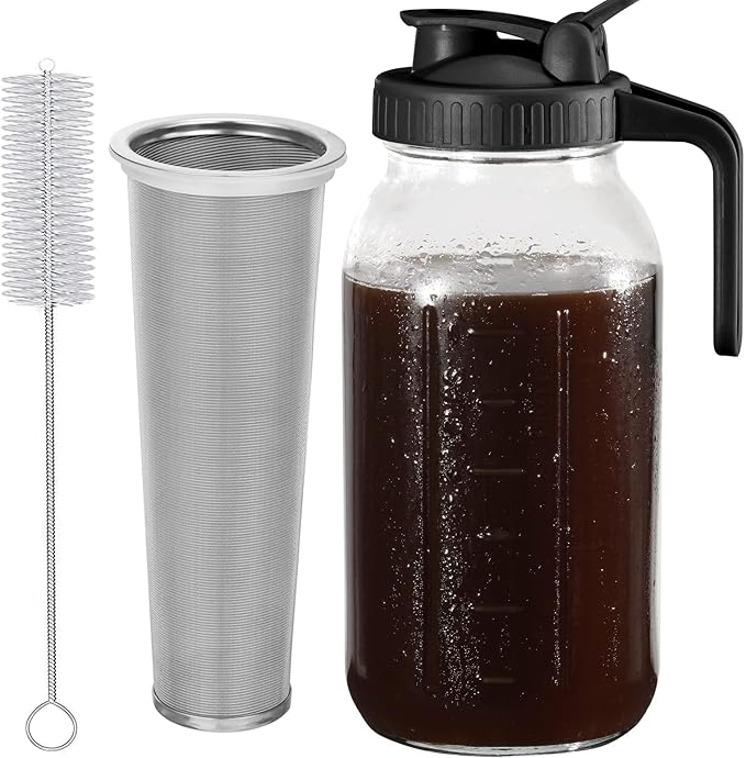 Cold Brew Coffee Maker Pitcher, Black 64 Oz Heavy Duty Wide Mouth Glass Mason Jar pour spout Lid with Stainless Steel Filter for Iced Coffee, Ice Drinks