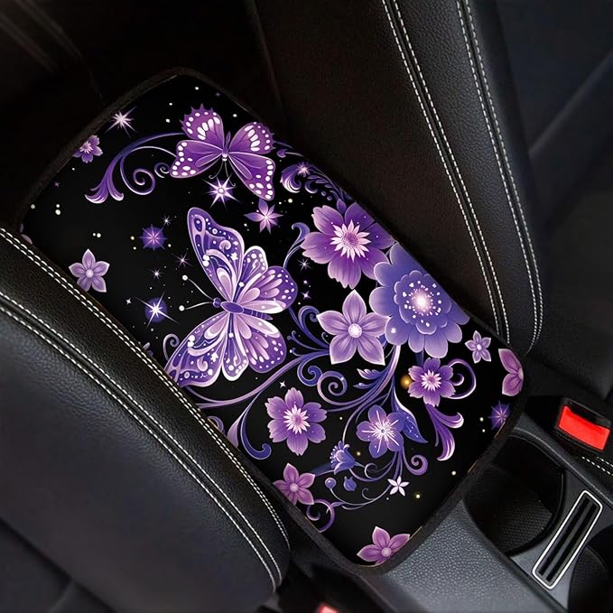 Purple Butterfly Car Console Covers Armrest Console Cover Soft Car Center Console Cover Accessories Protect from Pet Claws Universal Cars Interior Accessories Decoration