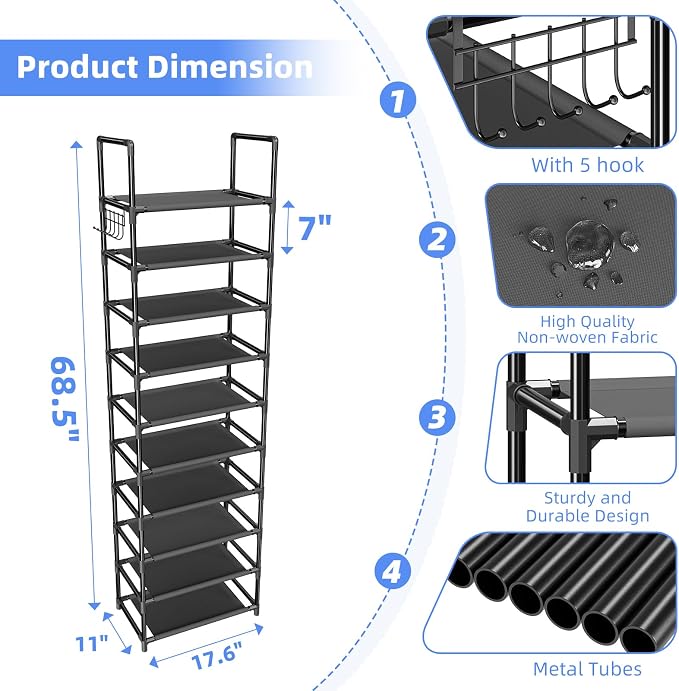 Simple Trending Tall Shoe Rack for Closet, 10 Tiers Narrow Shoe Shelf Holds 20 Pairs, Shoe Organizer Storage with Hooks, Black