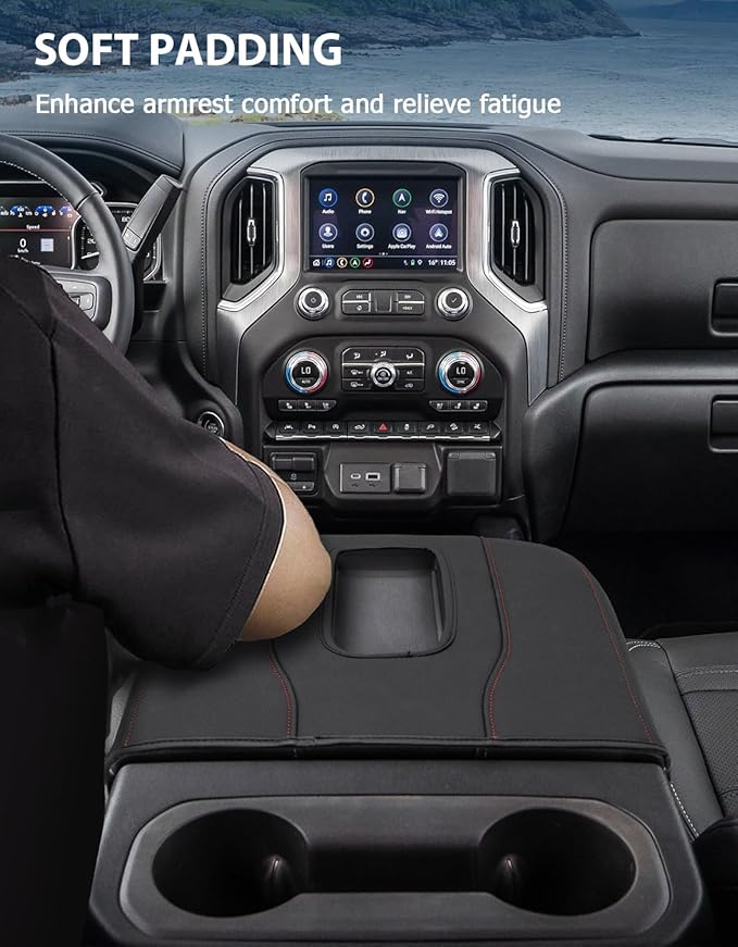 Center Console Cover for Chevy Silverado 1500 Accessories & GMC Sierra 2019-2026, Yukon & Tahoe & Suburban 2021-2026, Bucket Seat, PU Leather Armrest Middle Console Cover, Black-Red Stitch