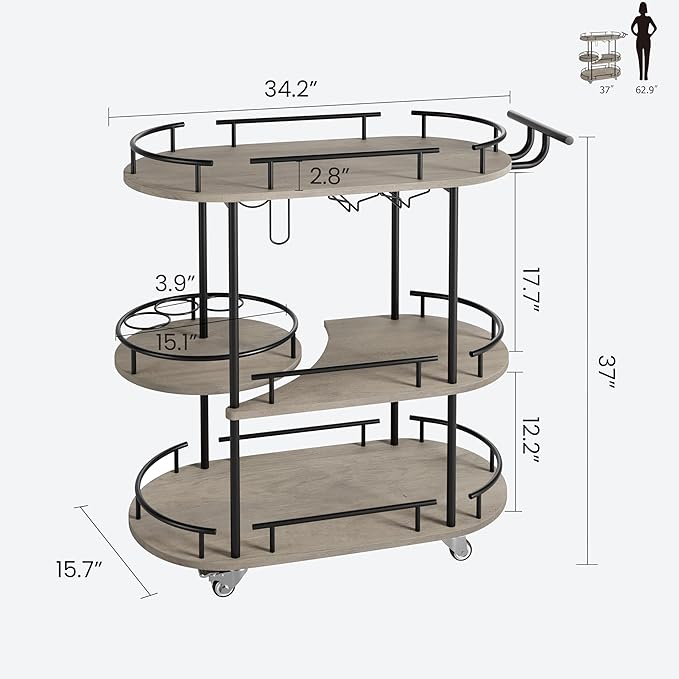 GarveeHome Black Bar Carts with 4-Tiers Storage Shelves，Mobile Bar Seving Carts On Wheels with Wine Rack and Glass Holder for Kitchen, Dining Room, Living Room-Black+Grey