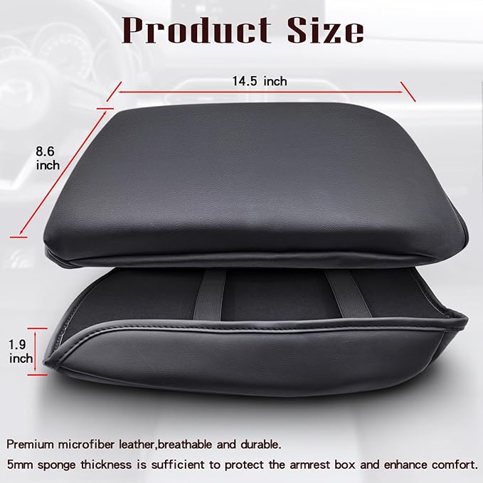 Auprite Center Console Cover for Mazda CX5 2018-2023 2024, Auto Center Console Cover Pad PU Leather Car Armrest Seat Box Cover Protector for Mazda CX5 Accessories (Black with Cushion Flat)