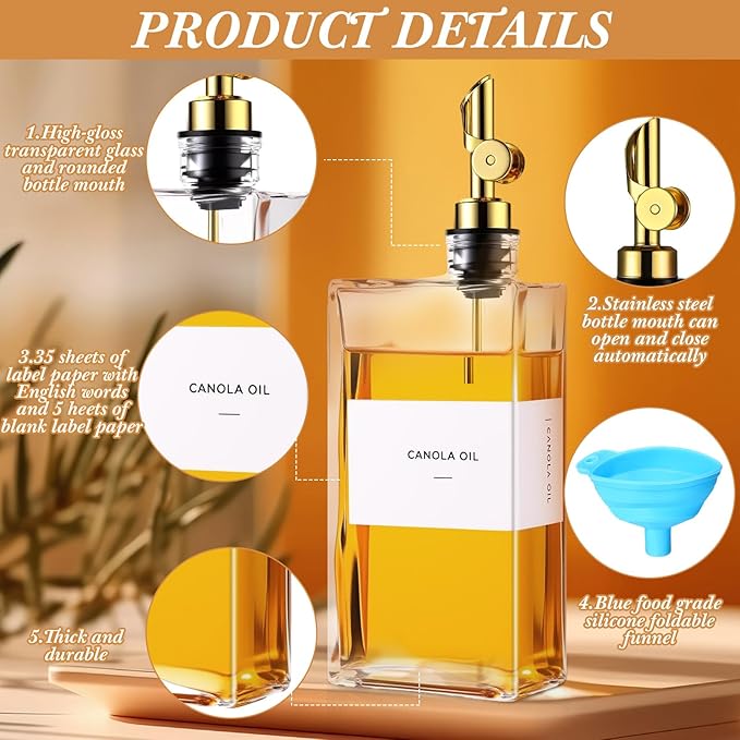 4 Pcs Olive Oil Dispenser for Kitchen, Glass Olive Bottles Oil Seasoning Bottle Set Coffee Syrup Soy Sauce Dispenser(Gold,500 ml)