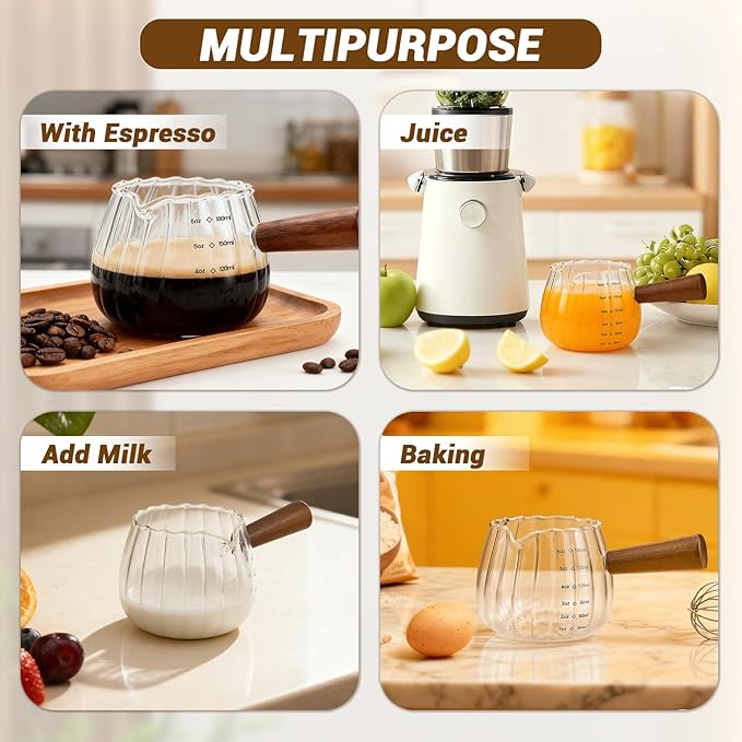 Espresso Cups 6 Oz, Espresso Measuring Cup with Wood Handle, Milk Frothing Cup, Glass Measuring Cup for Coffee, Milk, Tea or Maple Syrup Serving