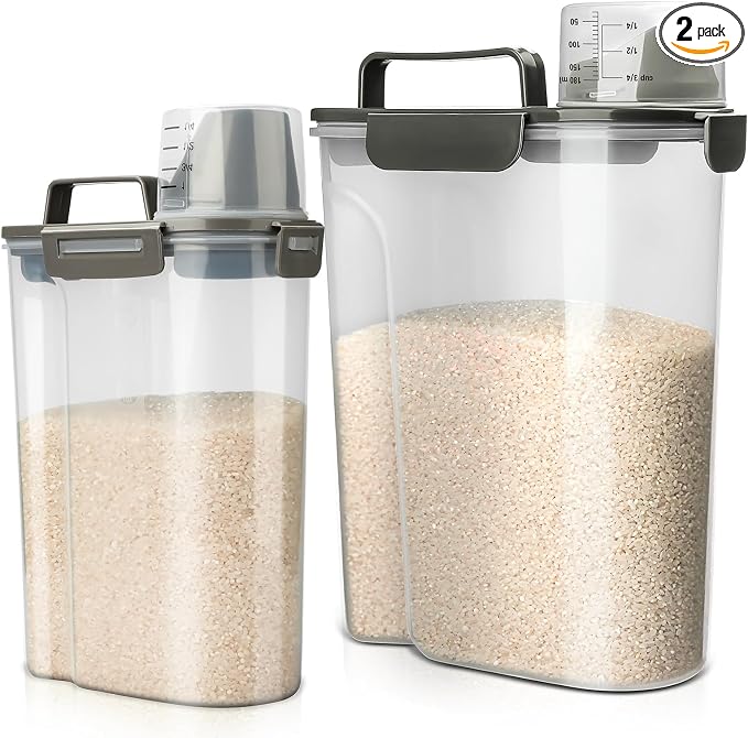 Viretec Rice Storage Container, 5 to 10lb Dry Food Airtight Dispenser, Pet Dog Cat Food Canister, BPA Free Clear Plastic Kitchen and Pantry Bin for Oatmeal, Cereal, Pasta, Flour Pack of 2 Grey
