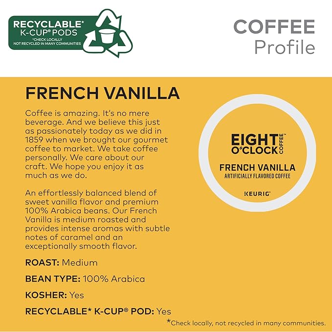 Eight O'Clock Coffee French Vanilla, Single-Serve Coffee K-Cup Pods, Medium Roast, 60 Count