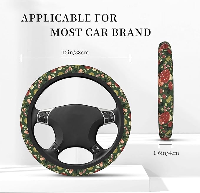 Green Mushrooms Steering Wheel Cover for Women Men Girls, Universal 15 Inch Anti Slip Steering Wheel Protector Car Accessories Interior for Auto Truck SUV