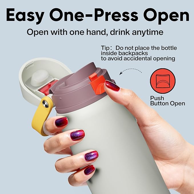 Insulated Water Bottle with Straw - Encool Stainless Steel Water Bottle with Push Button Lid, Leak-Proof & BPA-Free, Keeps Cold for 24 Hours for Sports, Travel, Gym (32 oz, Quill Grey-Red)
