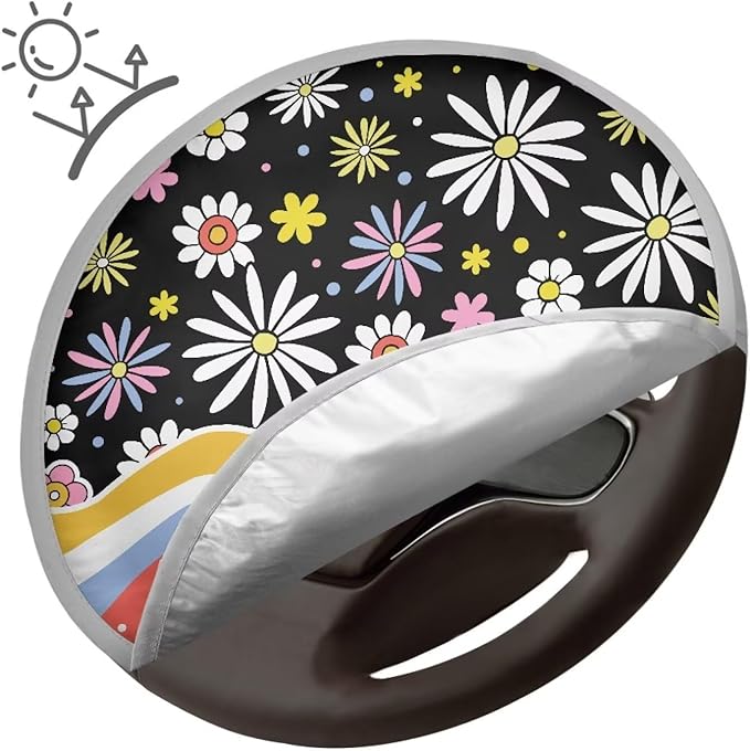 Groovy Hippie Flower Pattern Steering Wheel Sunshade Cover Fit Most Truck Van Car SUV Steering Wheel UV Reflector Shade Cover Sun Protection Car Interior Accessories