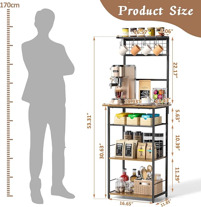 5 Tier Coffee Bar Station, Kitchen Stand with 4 S-Shaped Hooks, Farmhouse Corner Coffee Bar Cabinet for Small Spaces, Bakers Rack for Kitchen, Entryway, Living Room, 13.43"D x 18.93"W x 53.31"H