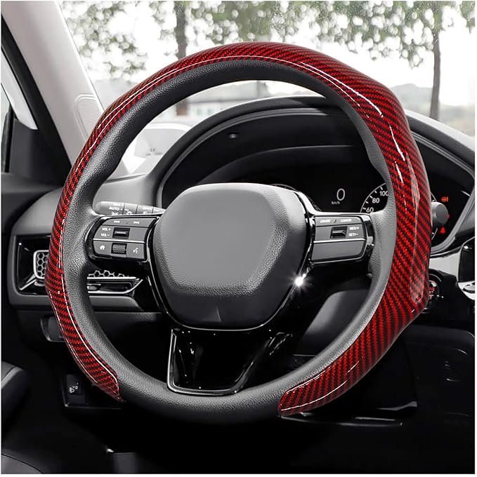 Sun Walker Carbon Fiber Car Steering Wheel Cover, 15" Anti-Slip Wear-Resistant Steering Wheel Protector Stylish Interior Decor, Ultra-Thin Comfortable Leather Wheel Cover for Women Men (Red)