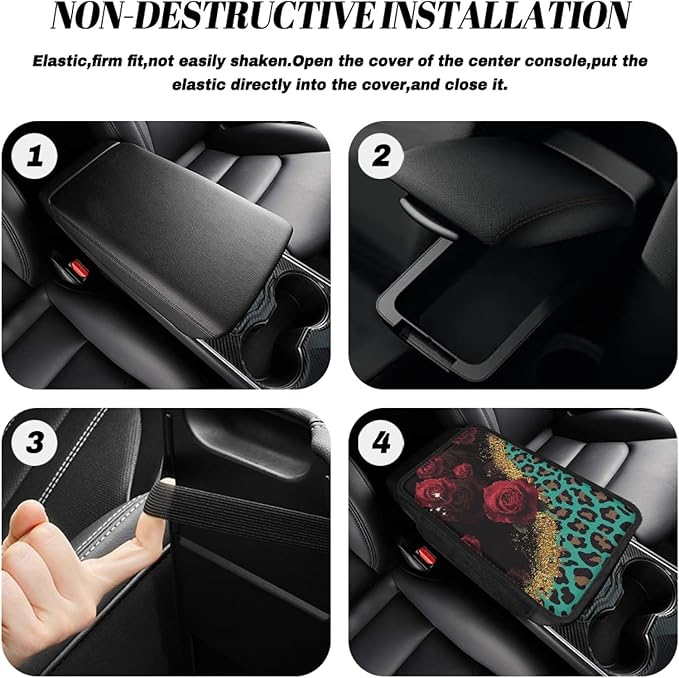 CLOHOMIN Red Rose Car Center Console Cover Green Leopard Print Armrest Box Cover Center Console Pad Fit for Most Vehicles Auto Accessories Anti-Scratch Arm Rest Covers