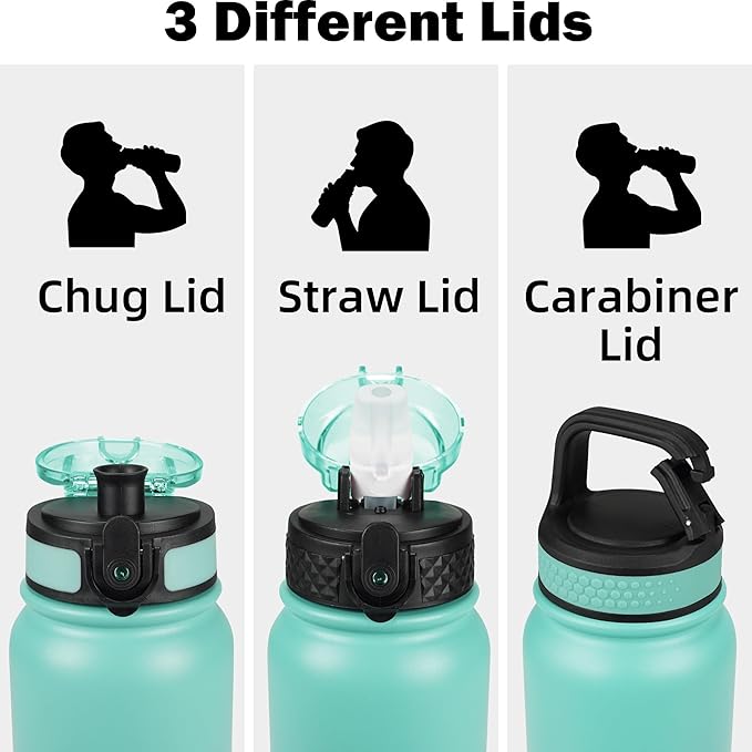 Oldley Insulated Water Bottle 20oz for Adults Kids Stainless Steel Water Bottles with Straw/Chug/Carabiner 3 Lids Fruit Strainer Double Wall Vacuum Wide Mouth BPA Free Leak-Proof for School Travel