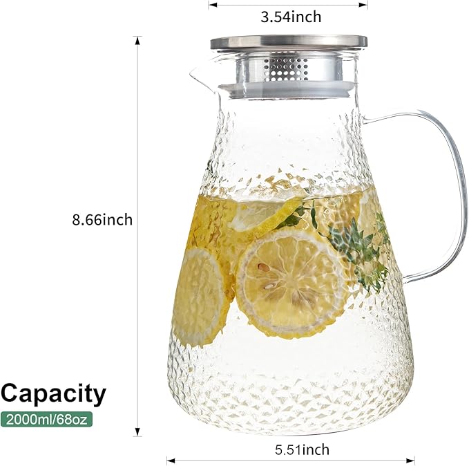 2.0 Liter 68 oz Glass Pitcher with Lid and Spout, Glass Carafe for Hot/Cold Water, Large Iced Tea Pitcher for Coffee, Milk,Juice and Homemade Beverage,Iced Coffee, and Container for Drinks