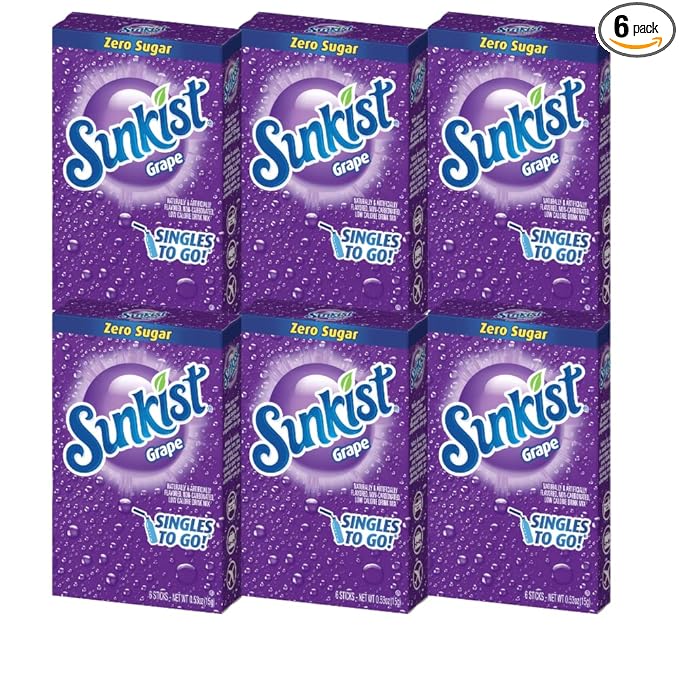 Sunkist Singles-To-Go Drink Mix, Grape, Non-Carbonated, Low-Calorie, Zero Sugar, 6 CT in each box (Pack of 6)