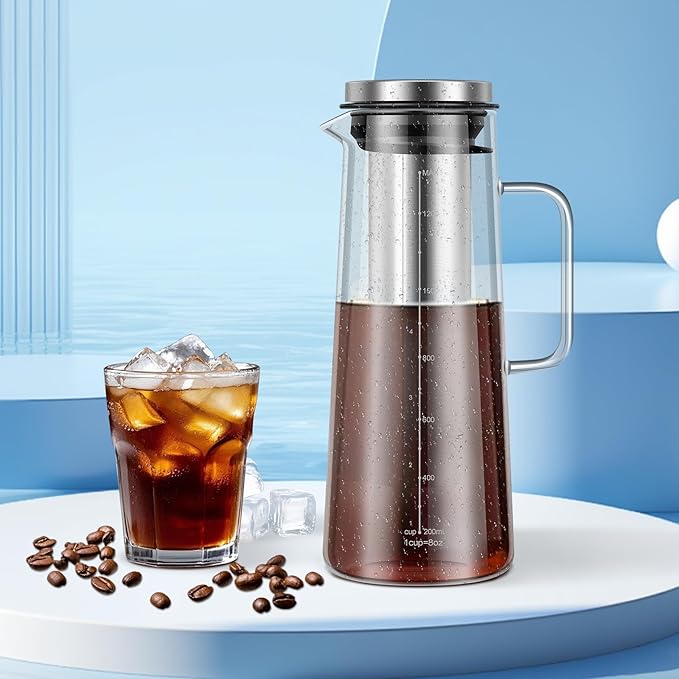 Cold Brew Coffee Maker 1.4L/48oz - Glass Pitcher Thick Glass Cold Brew Coffee Pitcher with Stainless Steel and Silicone Filter and Airtight Lid for Home Kitchen Cafe