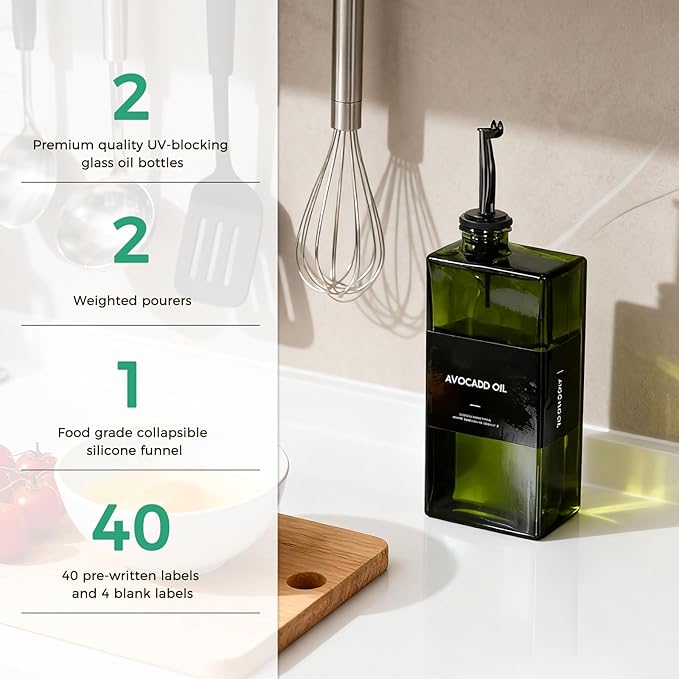 Olive Oil Dispenser Bottle For Kitchen, 17OZ UV-Blocking Oil And Vinegar Dispenser Set Of 2, Soy Sauce Cooking Oil Dispenser with 2 Stainless Steel Pourers & 44 Labels