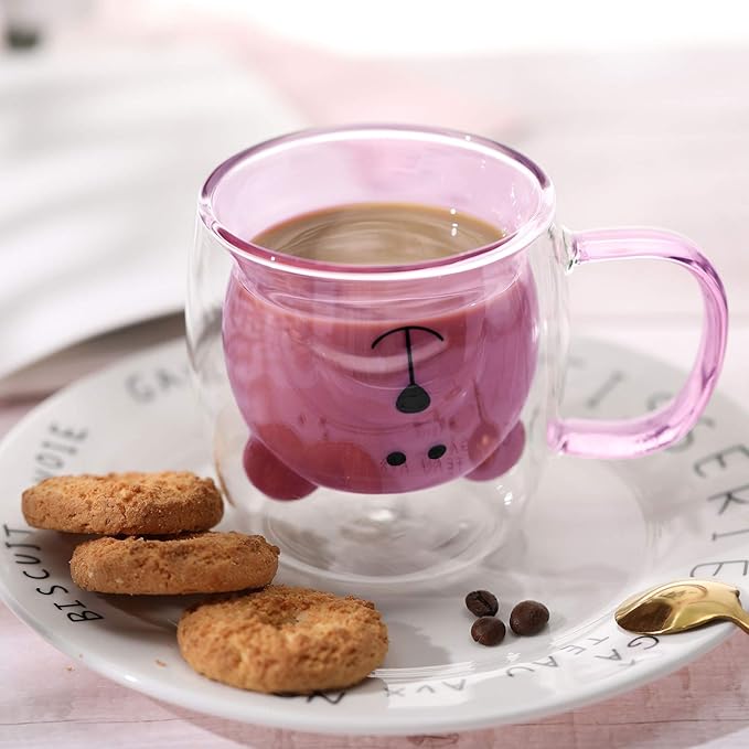 Patelai Cute Bear Tea Cup Double Wall Glass Milk Coffee Bear Mug with Handle Insulated Espresso Christmas Beer Cup Cute Birthday Gift for Women Men Valentine, 250 Ml/ 8. 4 oz(Pink,1 Piece)