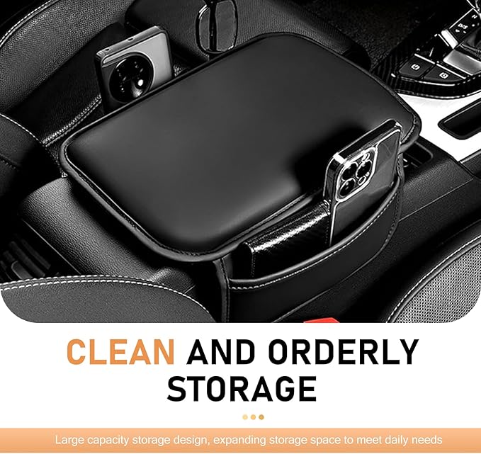 Car Center Console Cover, Car Leather Armrest Pad with 2 Storage Pockets, Center Console Anti-Scratch Booster Cushion, Universal Console Protector for Most Cars, SUVs and Trucks (Black)