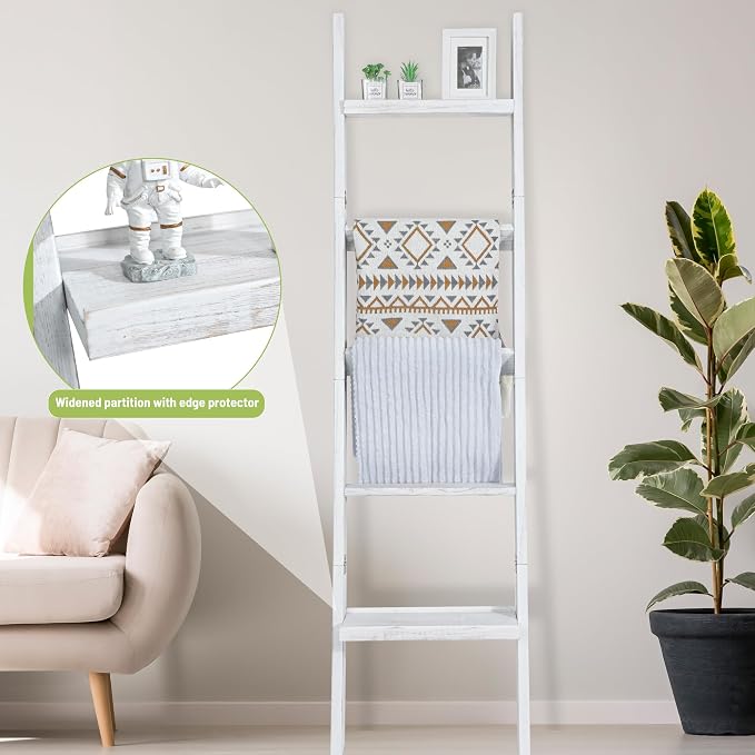 67" Wooden Blanket Ladders for The Living Room,5-Tier Ladder Shelf, Ladder Rack for Storage and Decor (Weathered White)