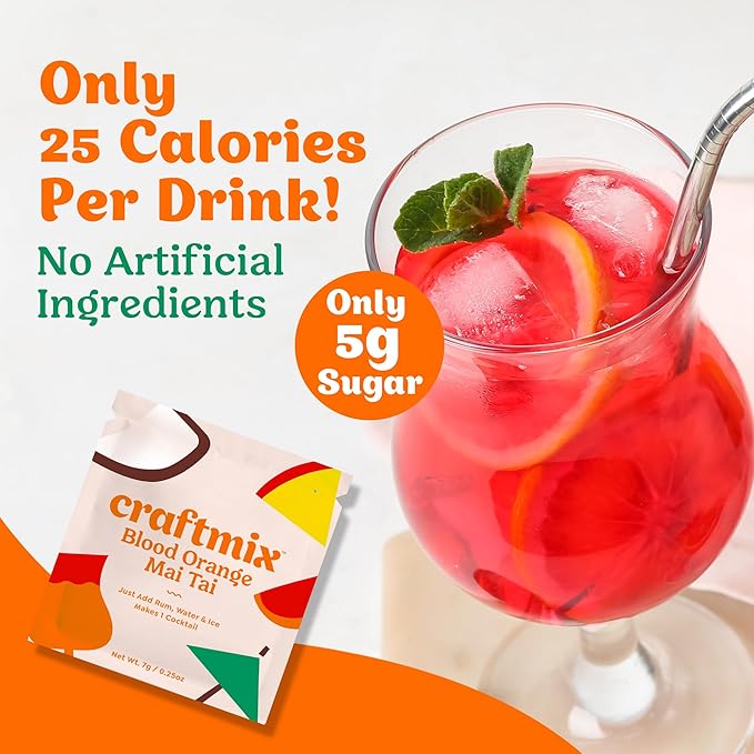 Craftmix Blood Orange Mai Tai Cocktail & Mocktail Drink Mixer, Skinny Mixes - Water Flavoring Packets - Made With Real Fruit - Vegan Low-Carb, Low-Sugar, Non-GMO, Dairy Free, Gluten Free, 24 Pack