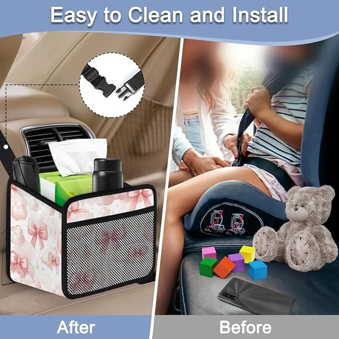 Pink Bows Clouds Car Backseat Organizer PU Leather Automotive Back Seat Storage Bag Universal Hanging Garbage Box Travel Accessories Foldable