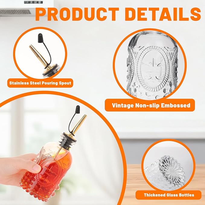 7oz Glass Coffee Syrup Dispenser, 4-Pack Complete Set with Funnel, Brush, Stoppers & Accessories - Syrup Bottles for Coffee Bar with Metal Pour Spout, Ideal for Maple,Oil, Vinegar,Cooking wine
