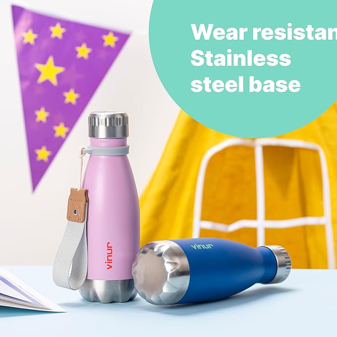 VINUR 12 oz Small Water Bottle for Kids-Stainless Steel Vacuum Insulated Water Bottle for School-Cola Shape Flask with Carry Rope, Gift for Boy and Girl(Silver)
