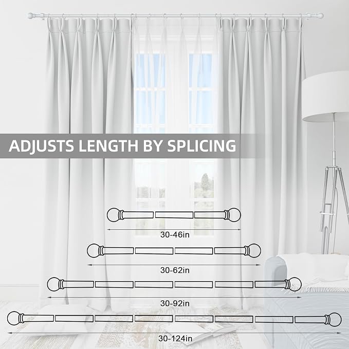 Thestoa Curtain Rods for Windows 66-120 Inch, 5/8" White Curtain Rods, Stainless Steel Small Curtain Rod for Bedroom, Living Room,Kitchen,Farmhouse, Outdoor Curtain rod White