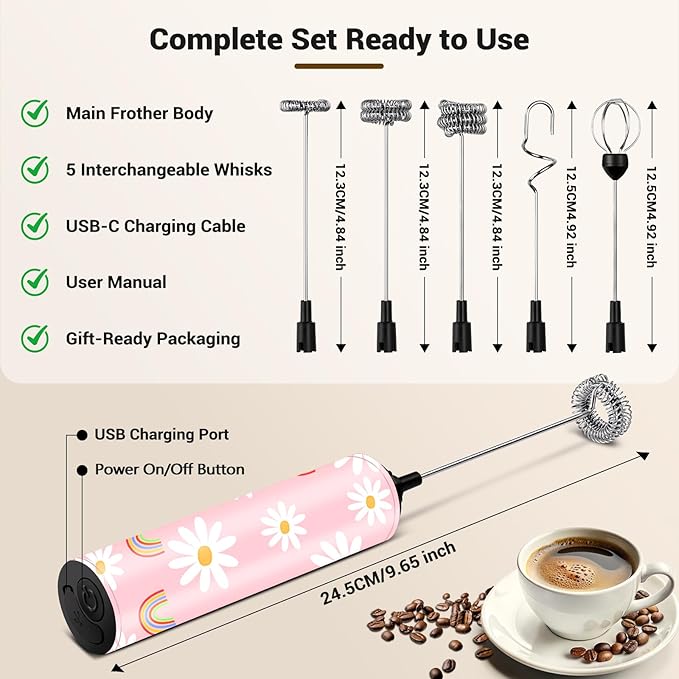Milk Frother Handheld Rechargeable - 2-Speed Electric Whisk with 5 Detachable Heads (Frother/Mixer/Whisk) for Coffee, Latte, Cappuccino & Matcha, Drink Mixer （Flower 1)